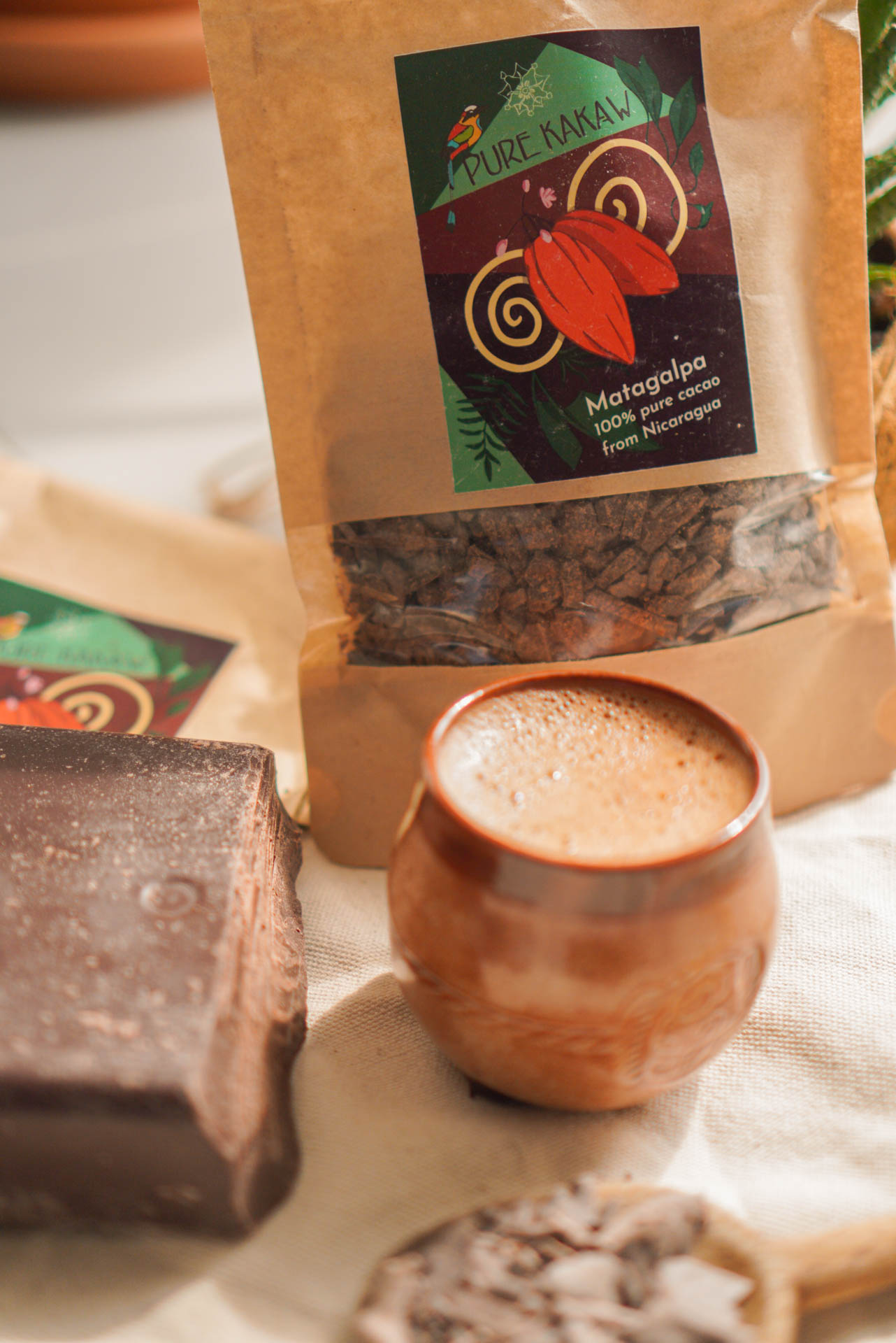 A package and cup of Matagalpa ceremonial cacao