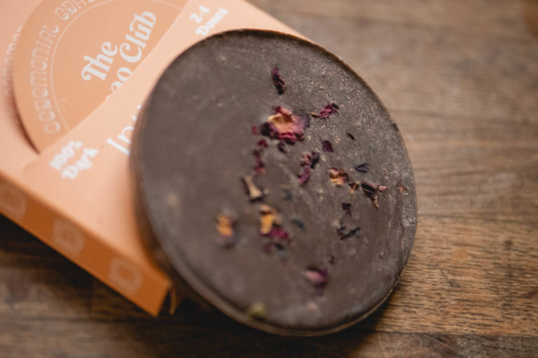 Cacao disc showing rose petals inclusions